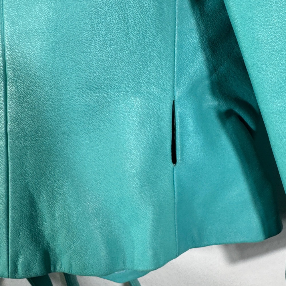Badgley Mischka Vintage Teal Leather Jacket Silk Lined Cropped Tie Waist Sz‎ M/8 - Picture 6 of 15